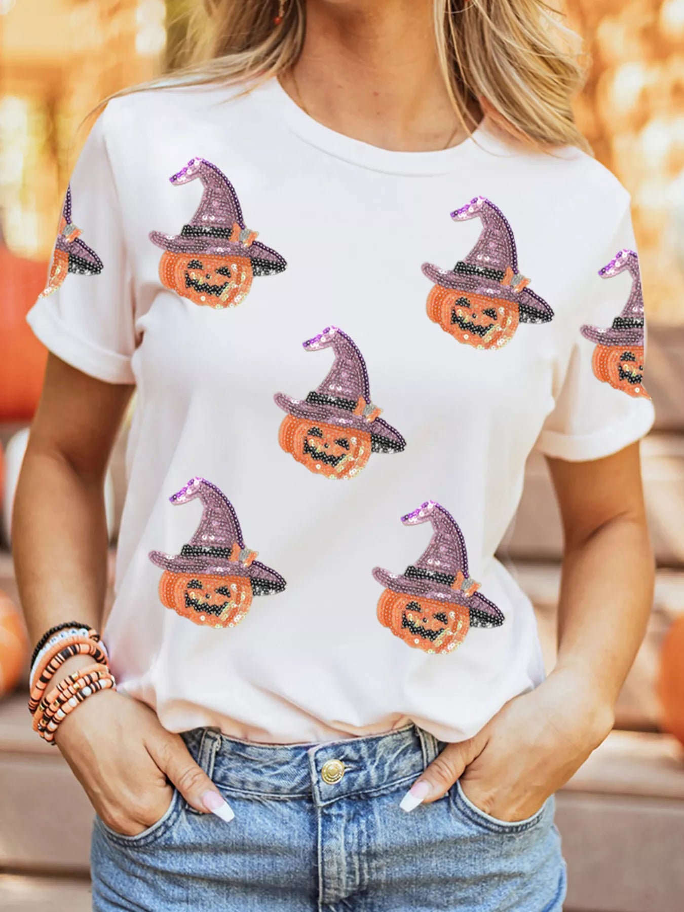 SYNZ Sequin Pumpkin Witch Halloween Tee