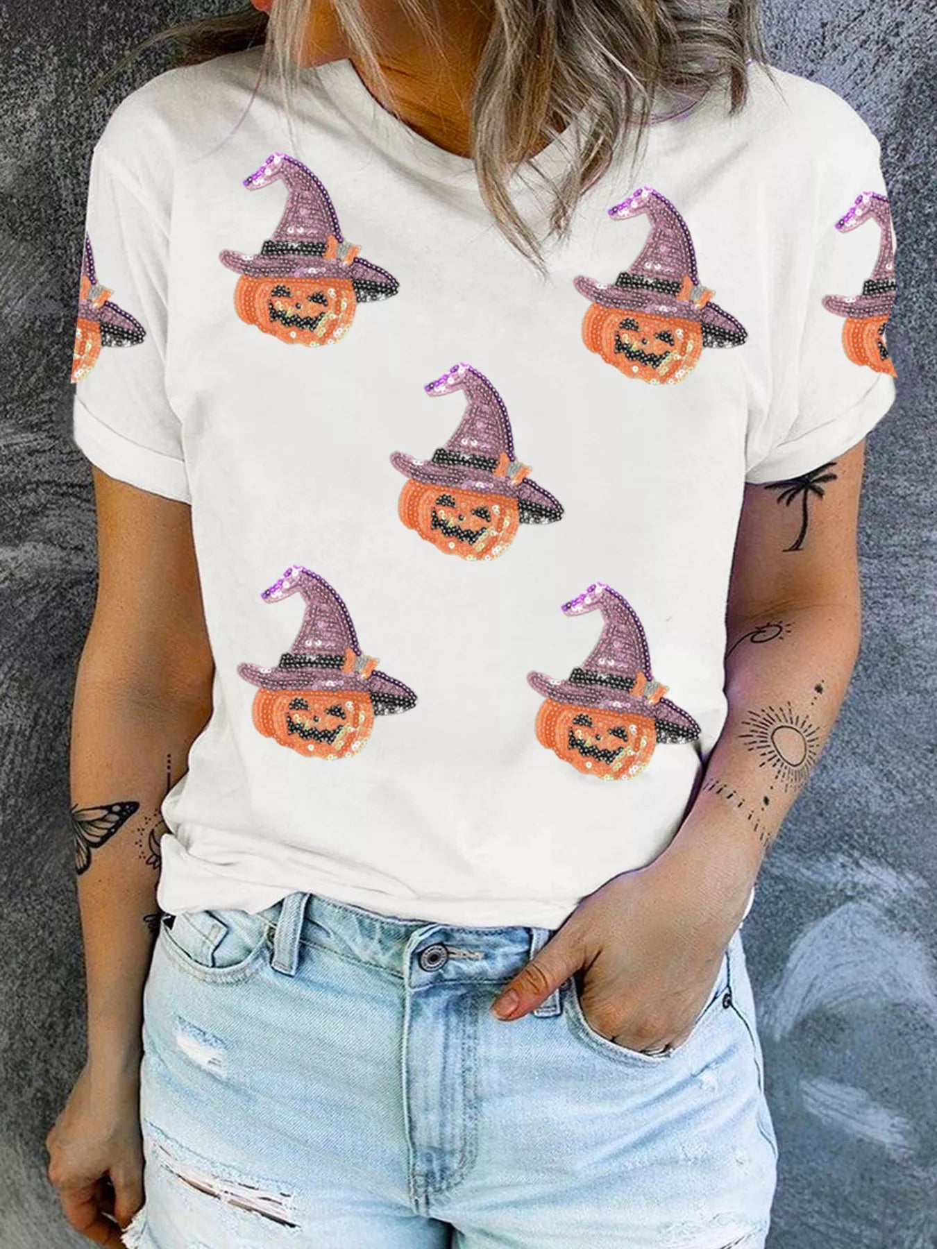 SYNZ Sequin Pumpkin Witch Halloween Tee