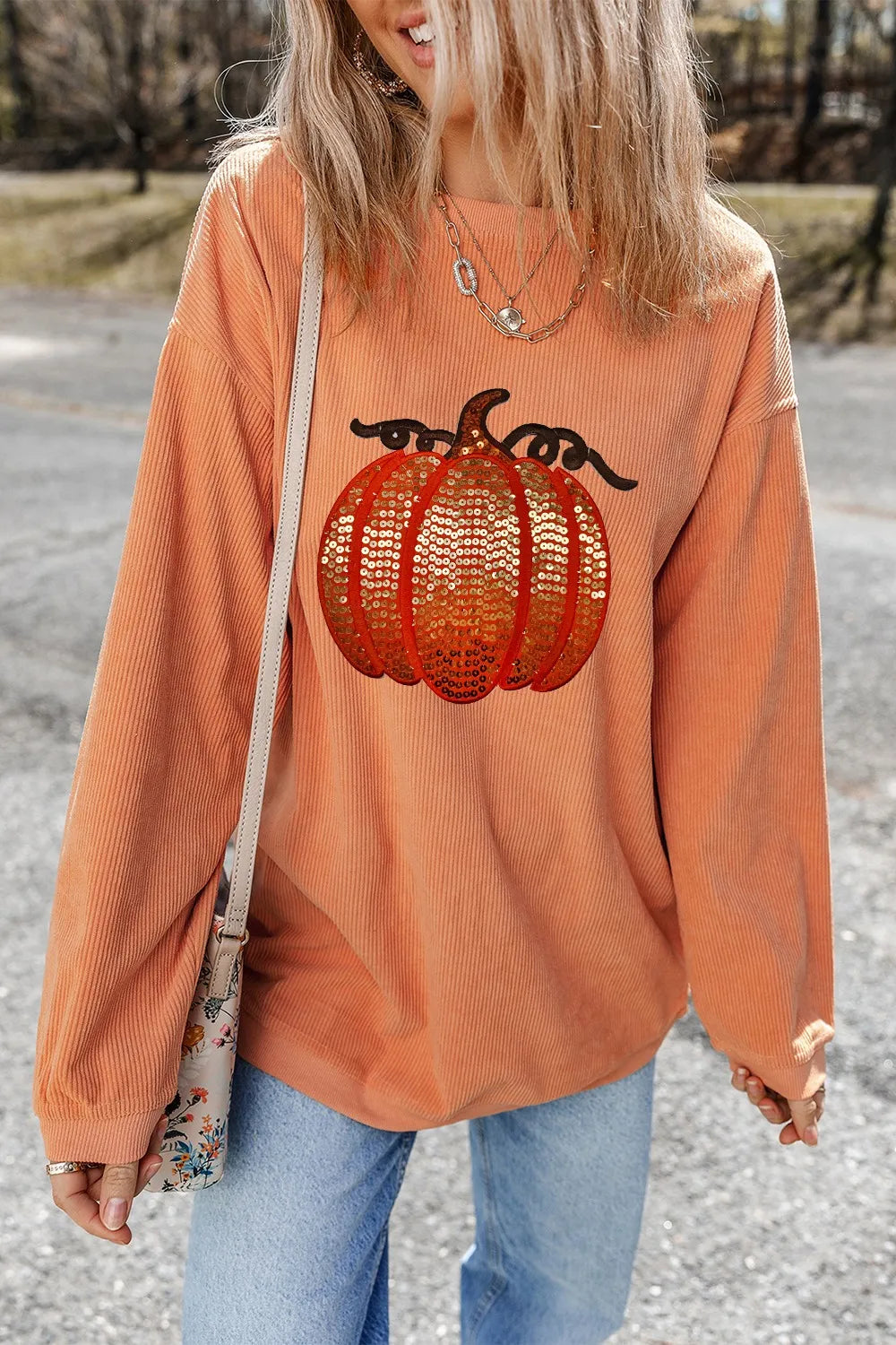 SYNZ Sherbet / S Sequin Pumpkin Round Neck Long Sleeve Sweatshirt