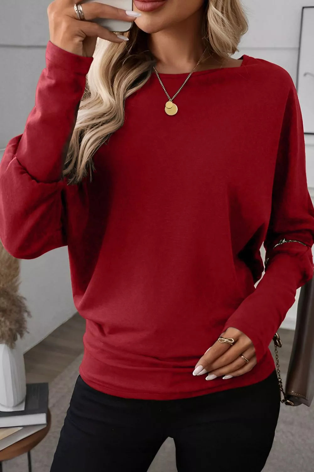 SYNZ Solid Color Long Sleeve Blouse
