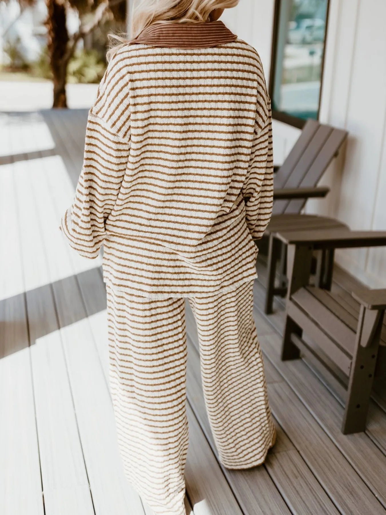 SYNZ Stripe Collared Top and Drawstring Pant Set