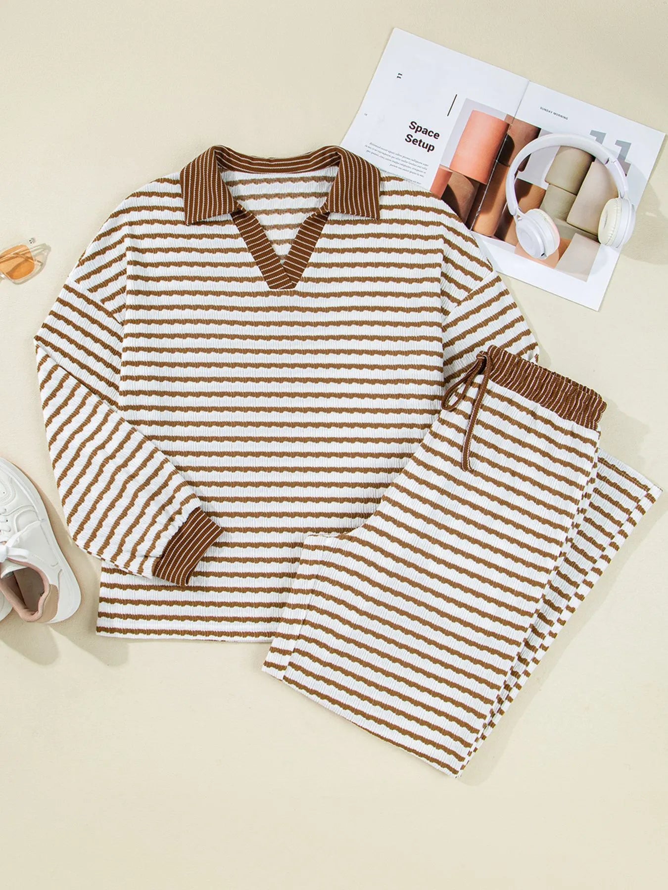 SYNZ Stripe Collared Top and Drawstring Pant Set