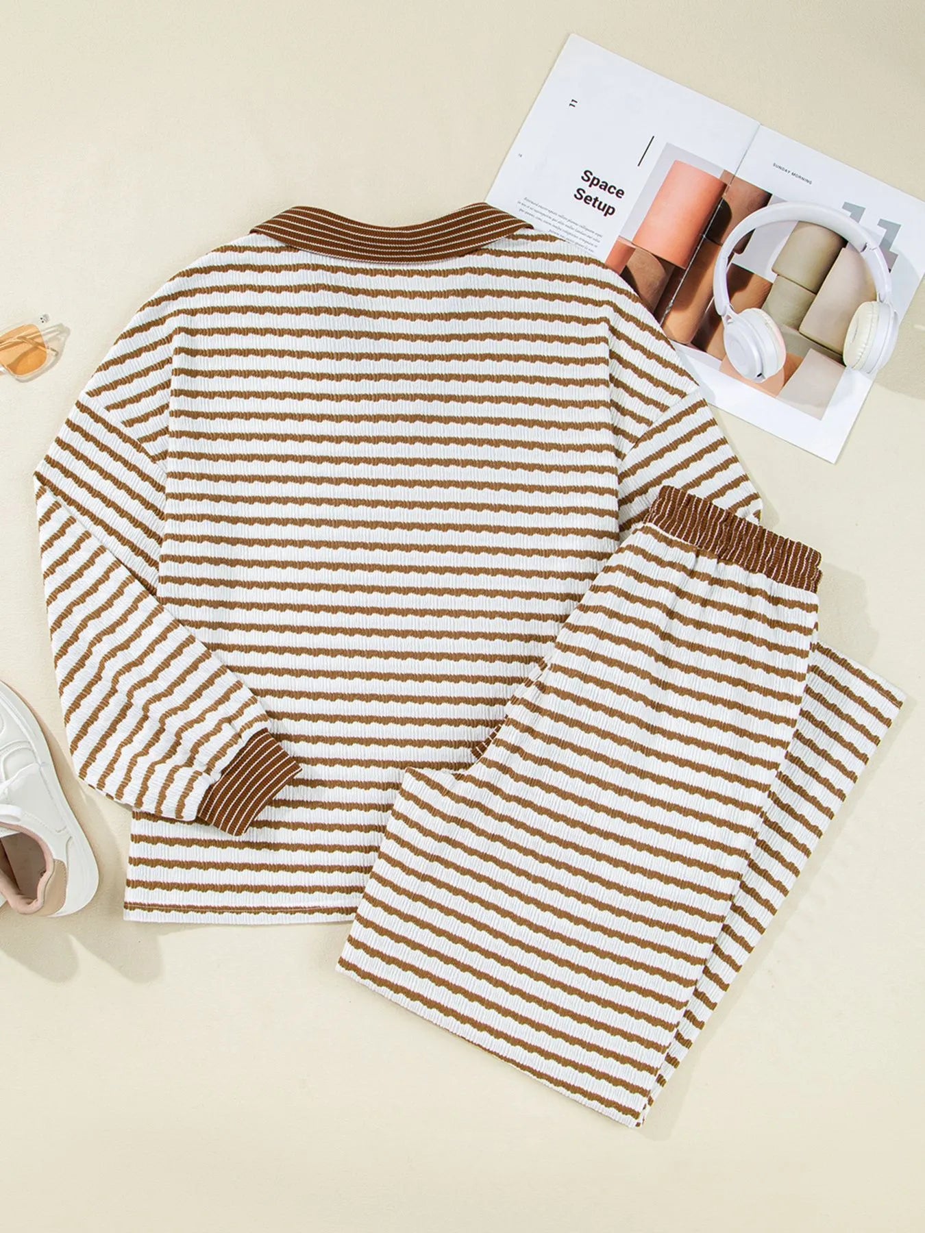 SYNZ Stripe Collared Top and Drawstring Pant Set