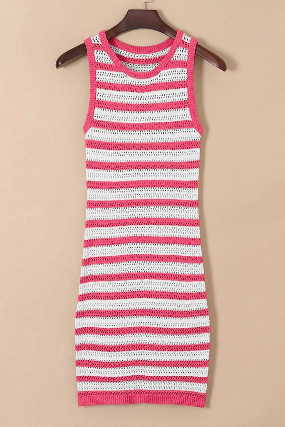 SYNZ Sweater Dresses Stripe Hollowed Knit Sleeveless Sweater Dress