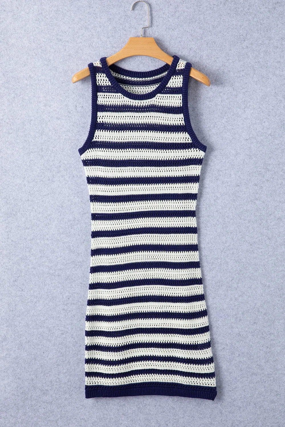 SYNZ Sweater Dresses Stripe Hollowed Knit Sleeveless Sweater Dress