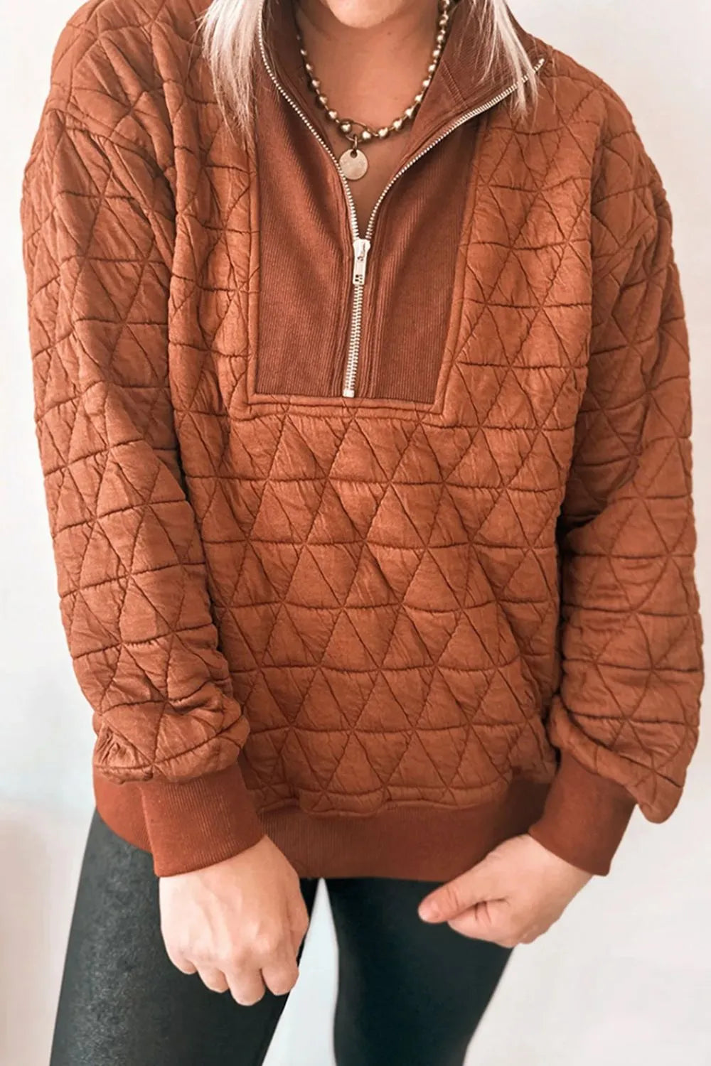 SYNZ Sweatshirts & Hoodies Caramel / S Quilted Half-Zip Long Sleeve Sweatshirt
