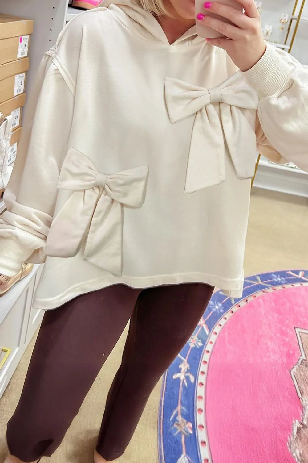 SYNZ Sweatshirts & Hoodies Cream / S Bow Detail Dropped Shoulder Oversized Hoodie