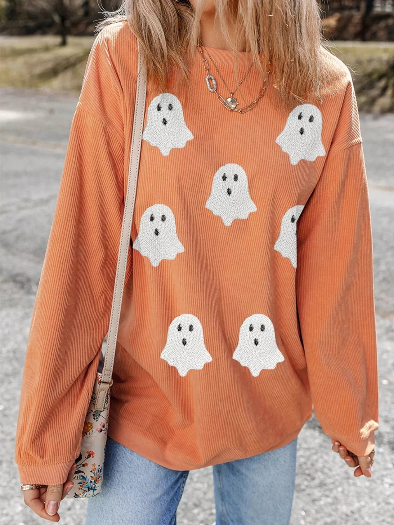 SYNZ Sweatshirts & Hoodies Halloween Ghost Sequin Patched Twisted Ribbed Texture Sweatshirt