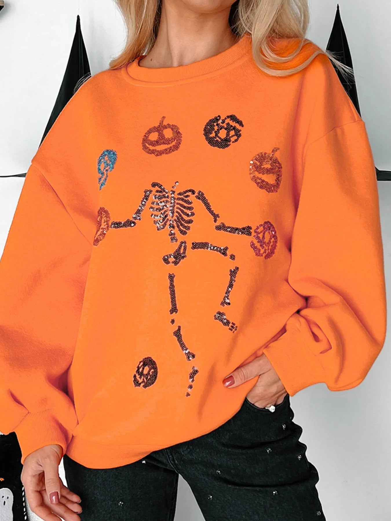SYNZ Sweatshirts & Hoodies Halloween Skeleton Pumpkin Sweatshirt