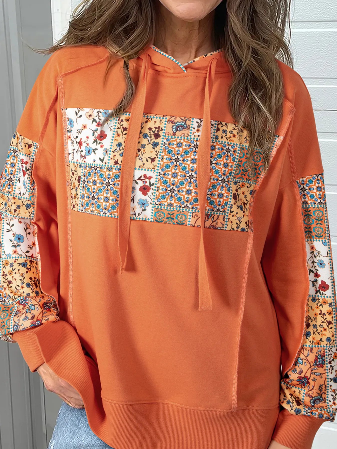 SYNZ Sweatshirts & Hoodies Tangerine / S Floral Patchwork Hoodie with Drawstring