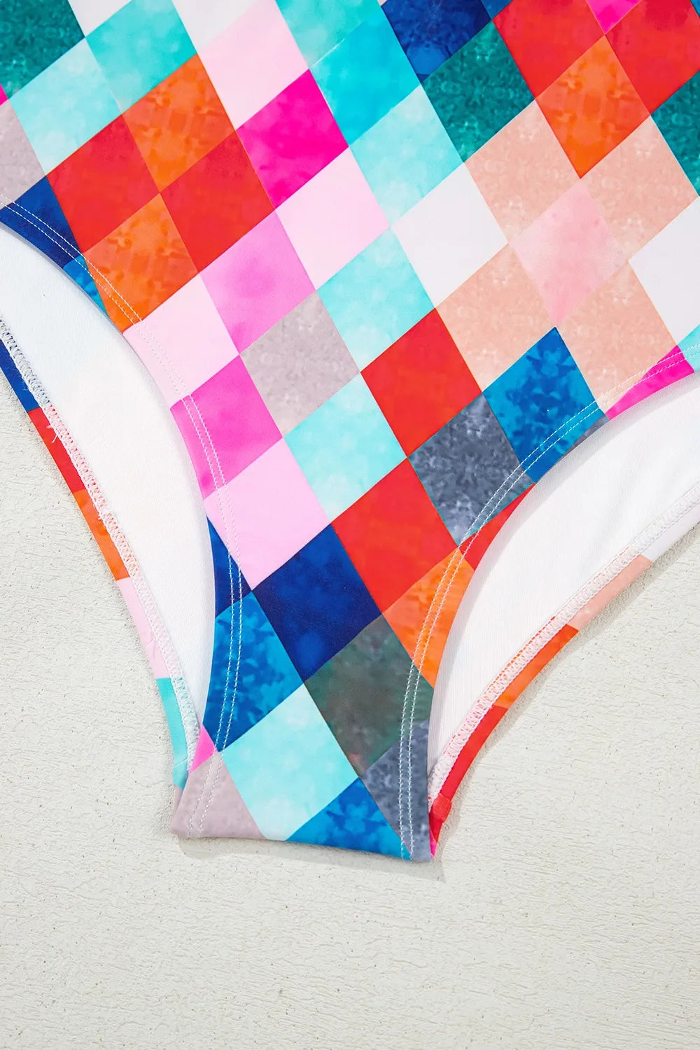 SYNZ Swimwear Multicolor Plaid Print Square Neck Frill Sleeveless Backless One-Piece Swimwear