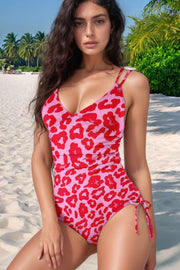 SYNZ Swimwear Strawberry / S Leopard Cutout Ribbed Side Drawstring One-Piece Swimsuit