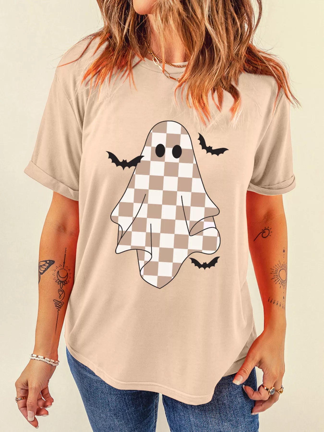 SYNZ Tan / S Ghost Bat Halloween Holiday Graphic Tee