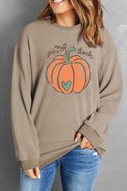SYNZ Tan / S Pumpkin Graphic Round Neck Long Sleeve Sweatshirt