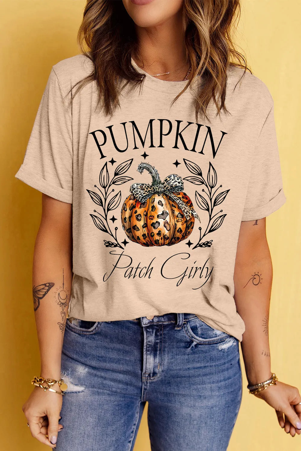 SYNZ Tan / S Pumpkin Graphic Round Neck Short Sleeve T-Shirt
