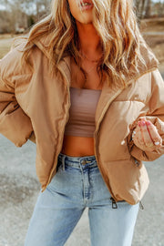 SYNZ Tan / S Zip Up Collared Neck Coat with Pockets