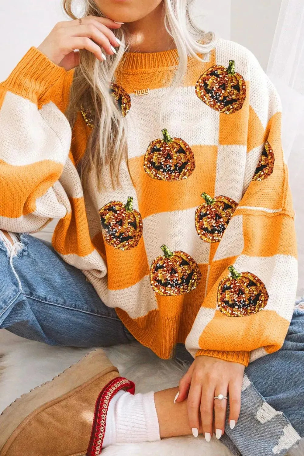 SYNZ Tangerine / S Pumpkin Checkered Round Neck Long Sleeve Sweater