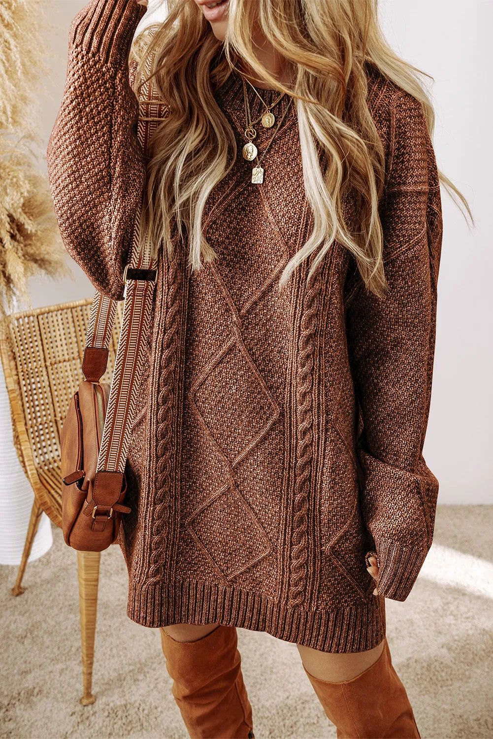 SYNZ Taupe / S Cable-Knit Round Neck Sweater Dress