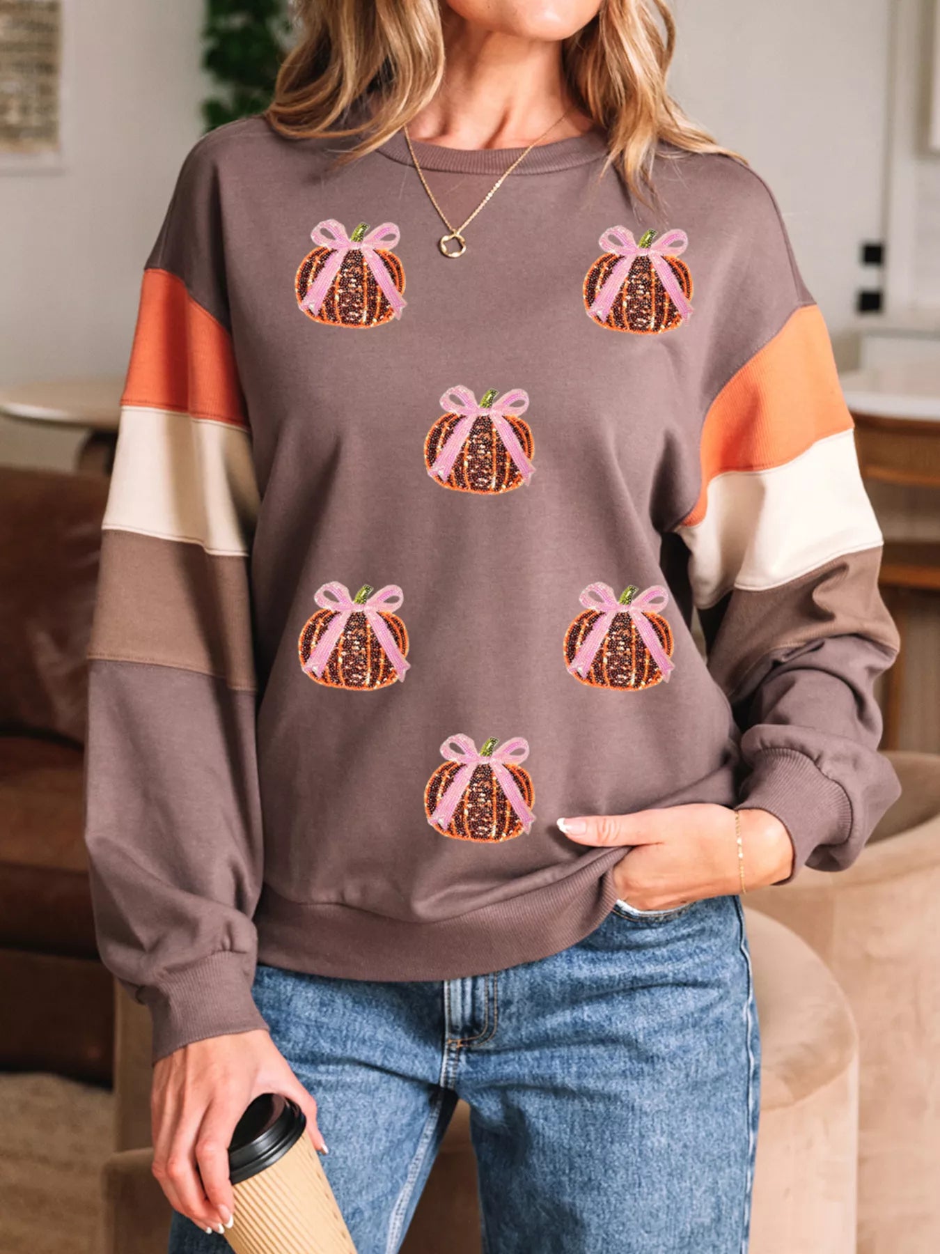 SYNZ Taupe / S Sequin Bow Pumpkin Round Neck Sweatshirt