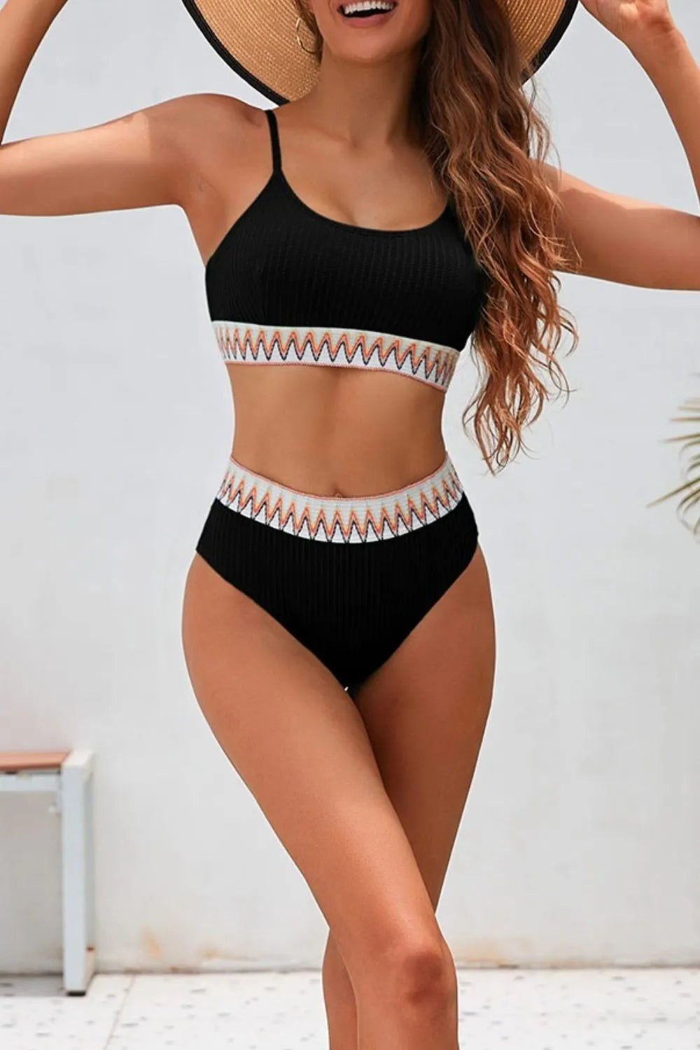 SYNZ Textured Contrast Banding Bikini High Waist 2pcs Swimsuit