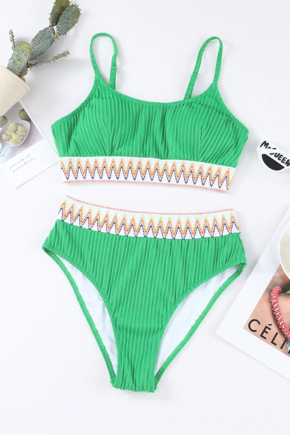 SYNZ Textured Contrast Banding Bikini High Waist 2pcs Swimsuit