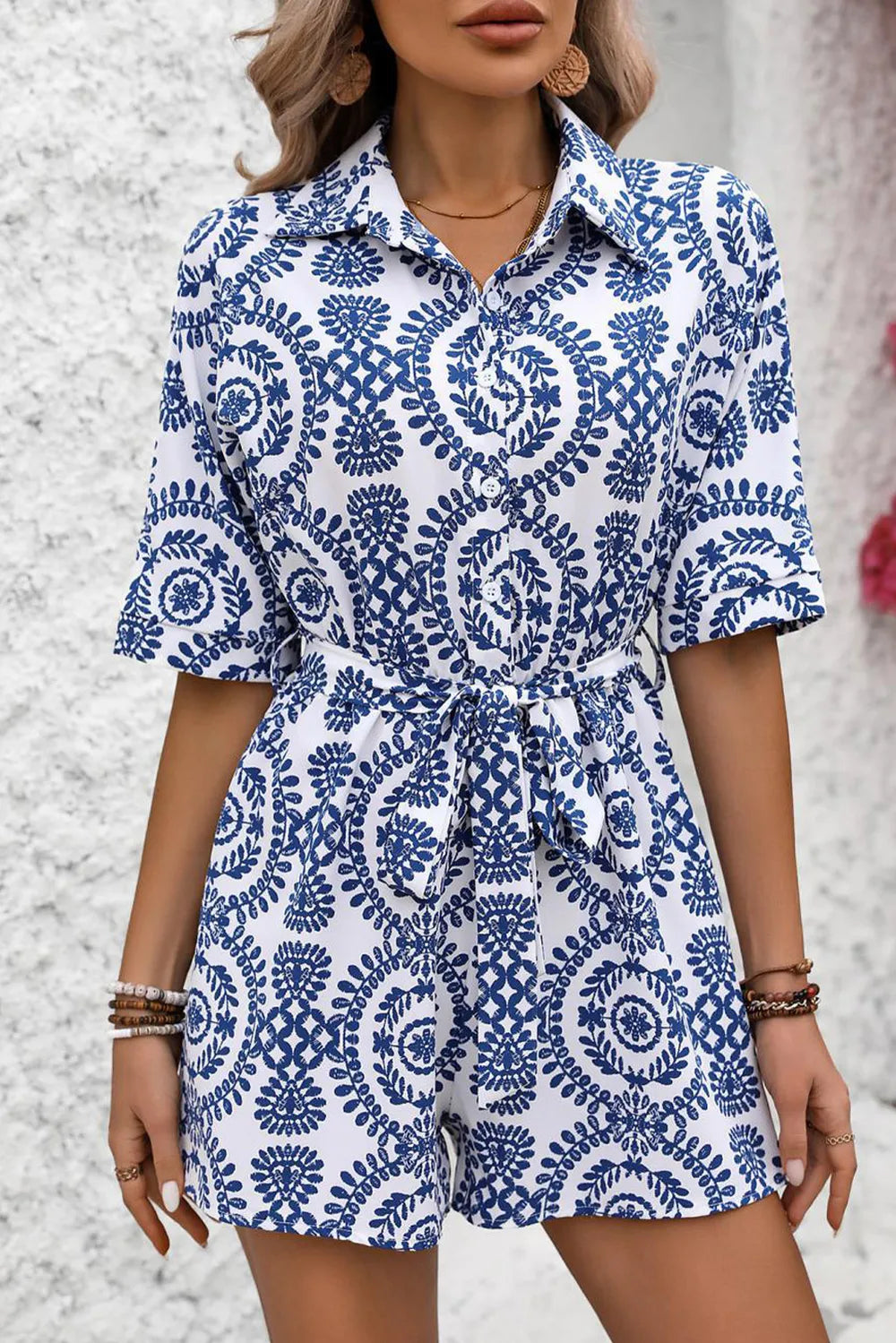 SYNZ Tied Printed Short Sleeve Romper
