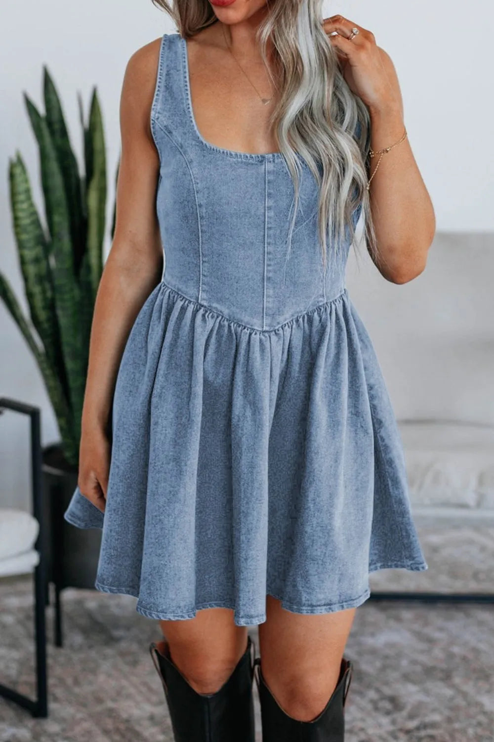 SYNZ V-Back Bow Tie Denim Skater Dress