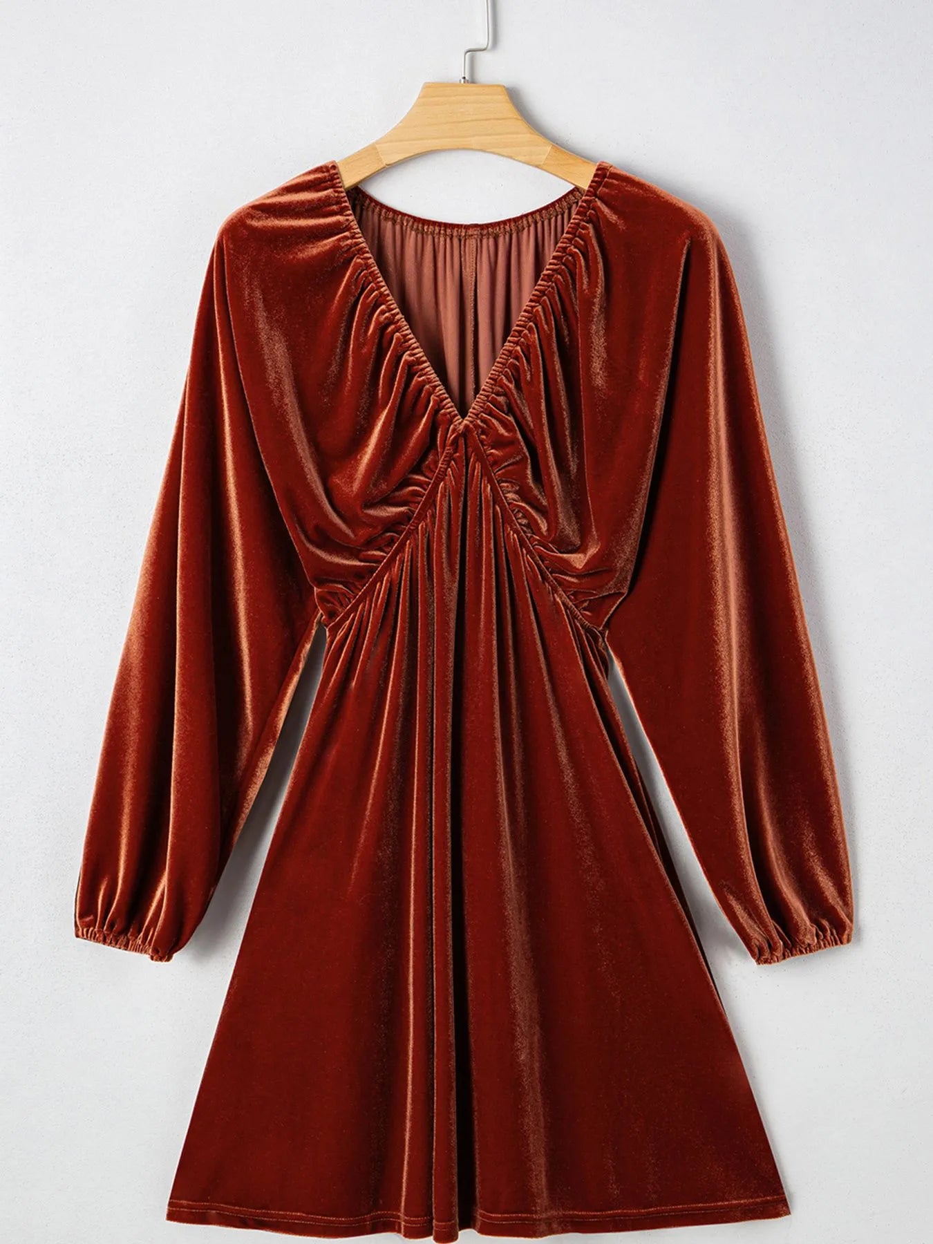SYNZ V Neck Puff Sleeve Velvet Dress