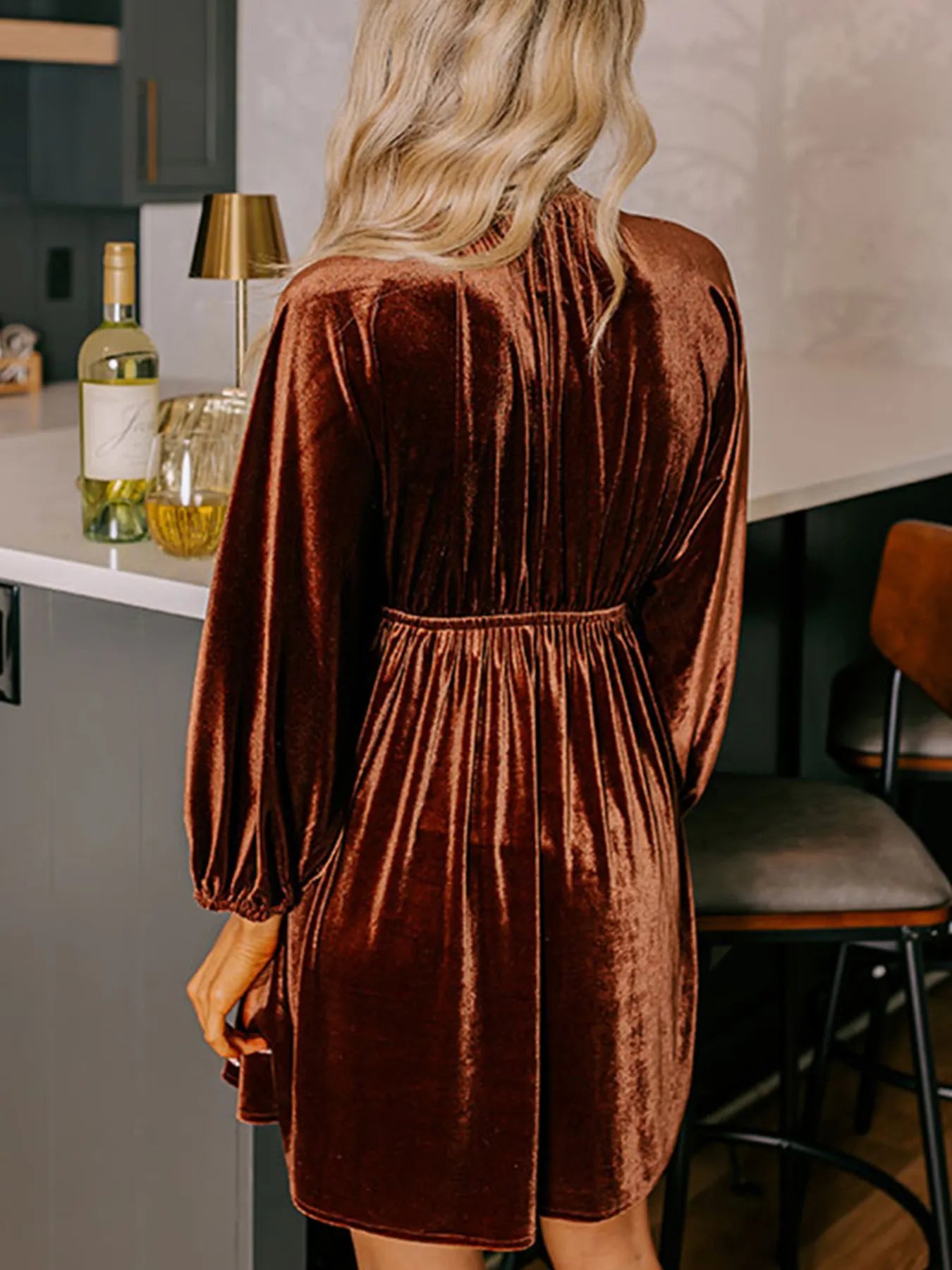 SYNZ V Neck Puff Sleeve Velvet Dress