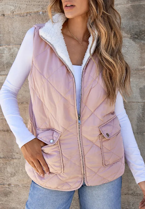 SYNZ Vests Blush Pink / S Fuzzy Zip Up Vest Coat with Pockets
