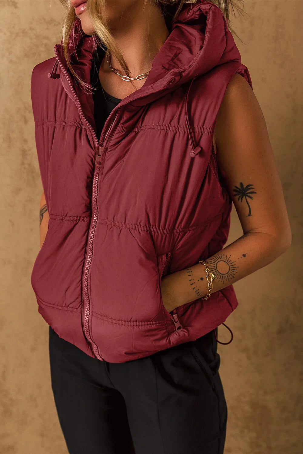 SYNZ Vests Drawstring Zip Up Hooded Vest Coat