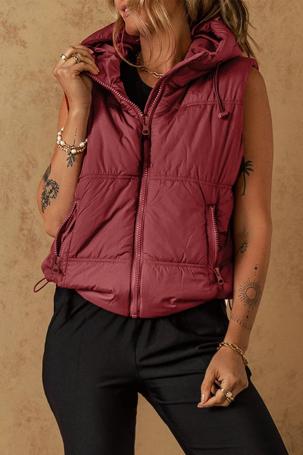 SYNZ Vests Drawstring Zip Up Hooded Vest Coat