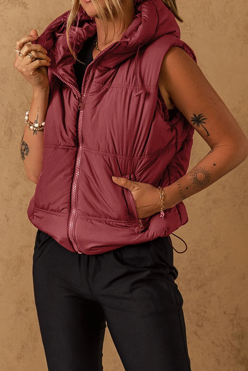 SYNZ Vests Drawstring Zip Up Hooded Vest Coat