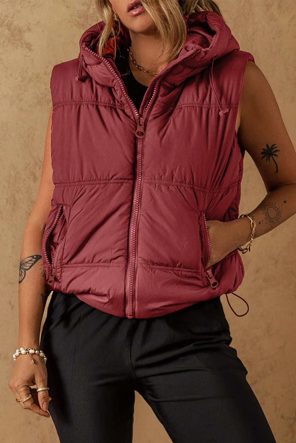 SYNZ Vests Drawstring Zip Up Hooded Vest Coat