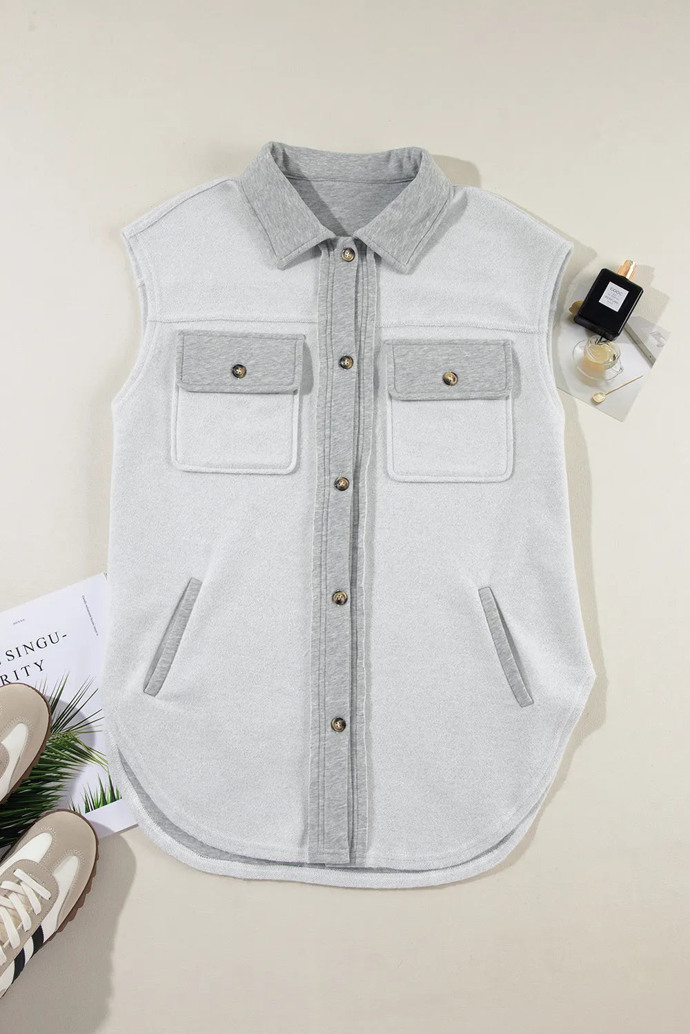 SYNZ Vests Pocketed Curved Hem Button Up Vest