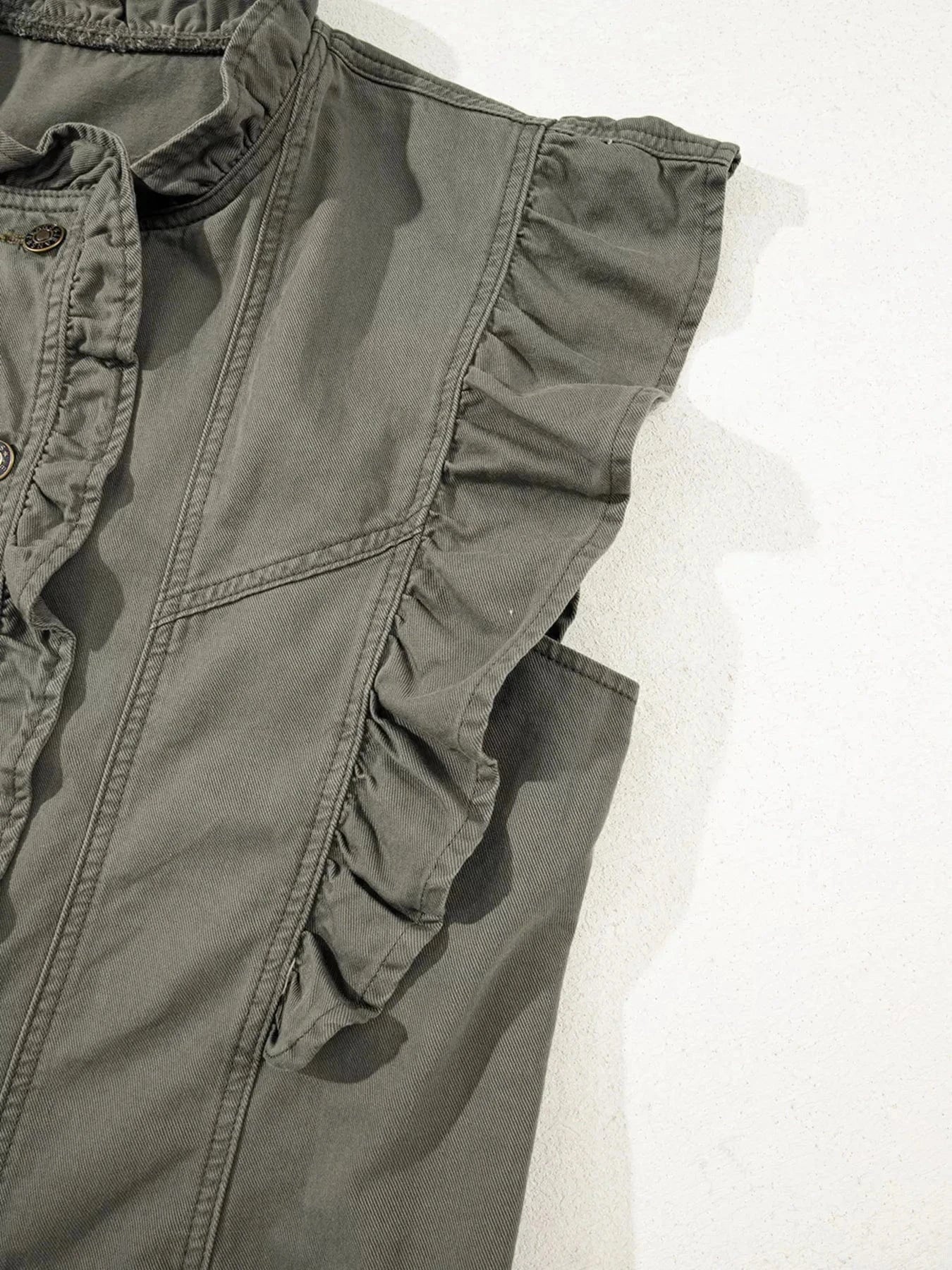 SYNZ Vests Ruffled Patchwork Denim Vest – Button Up Jean Jacket Style