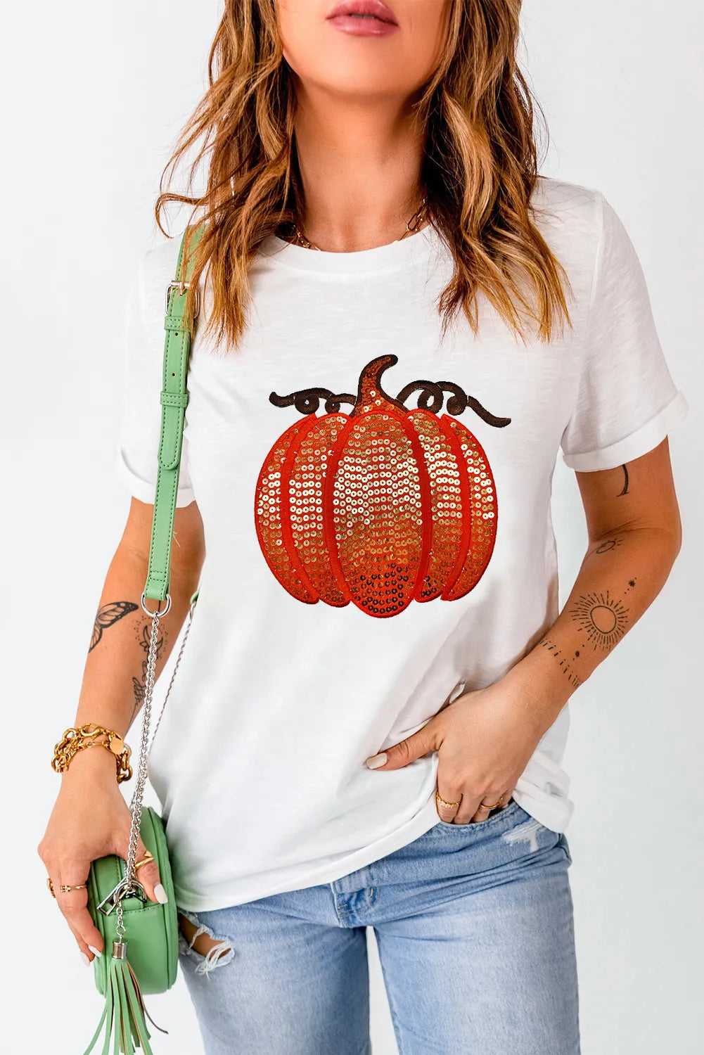 SYNZ White / S Full Size Sequin Pumpkin Round Neck Short Sleeve T-Shirt