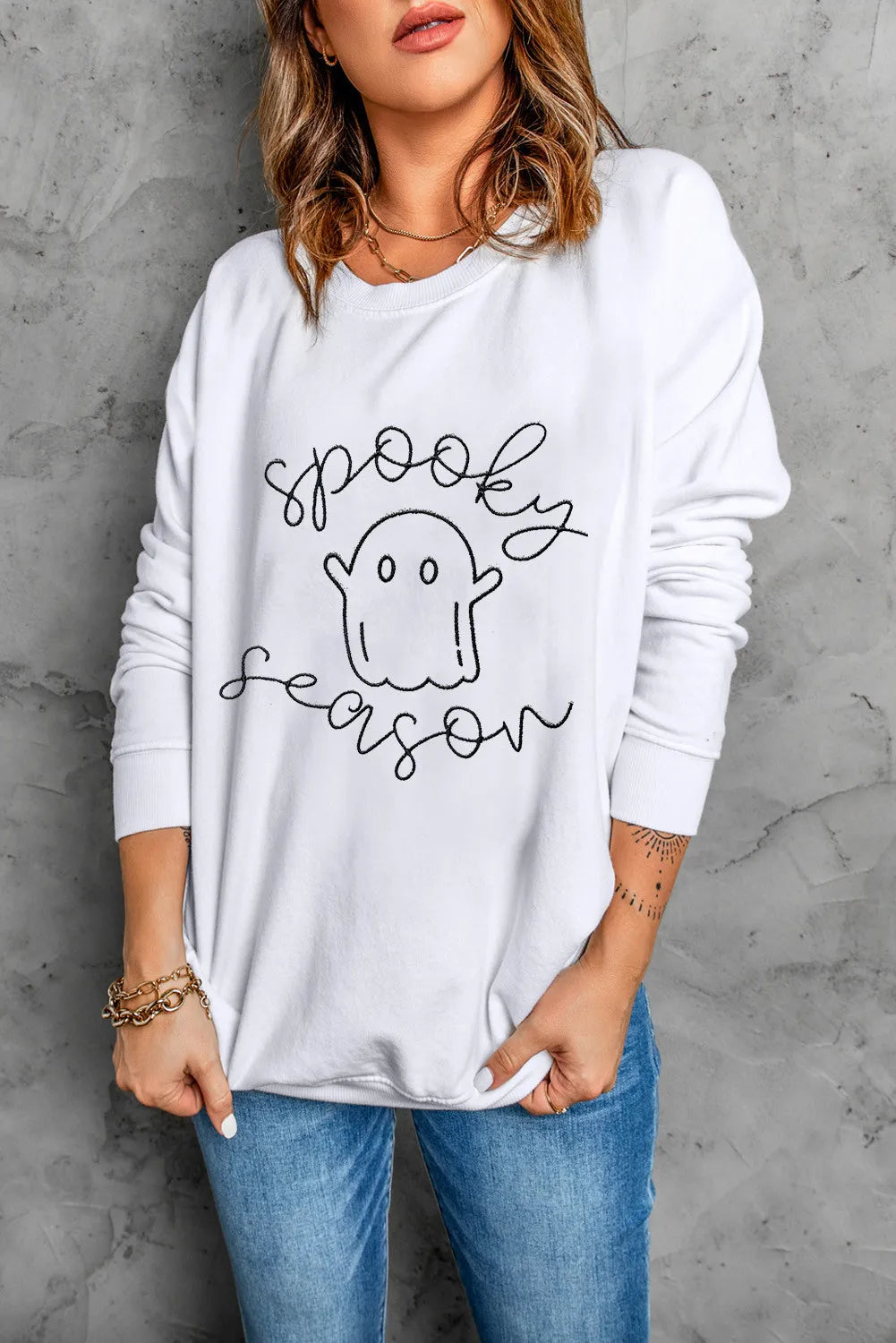 SYNZ White / S Ghost Graphic Long Sleeve Dropped Shoulder Sweatshirt
