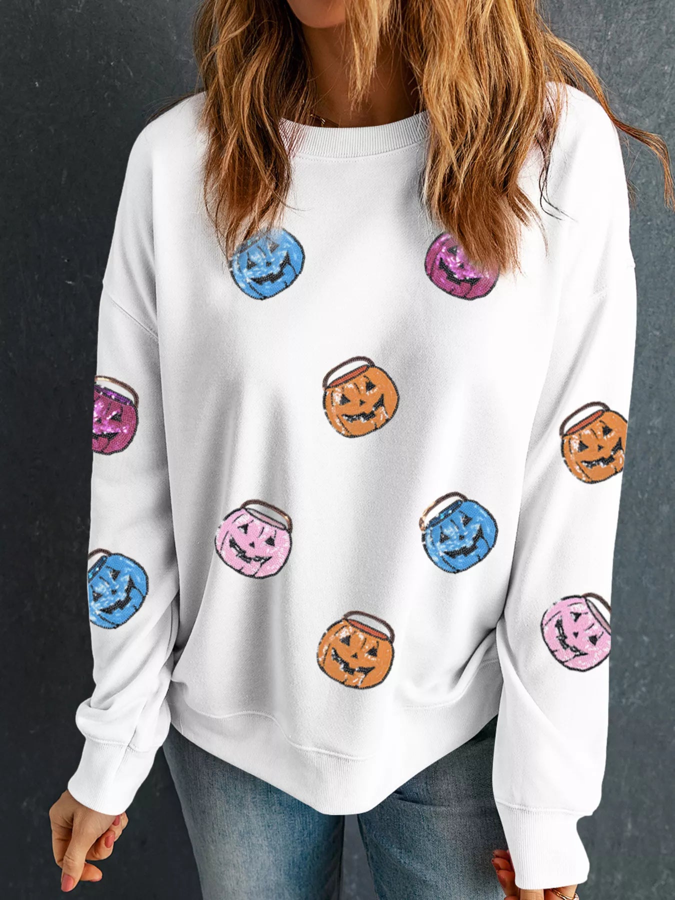 SYNZ White / S Halloween Pumpkin Lantern Sequin Patched Sweatshirt