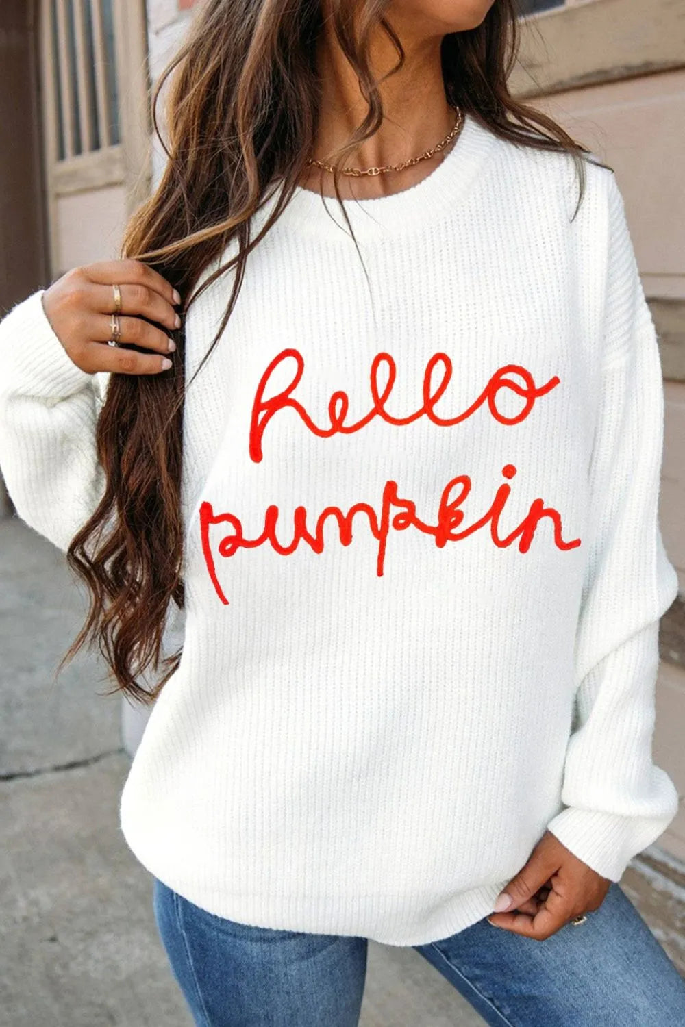 SYNZ White / S HELLO PUMPKIN Round Neck Long Sleeve Sweater