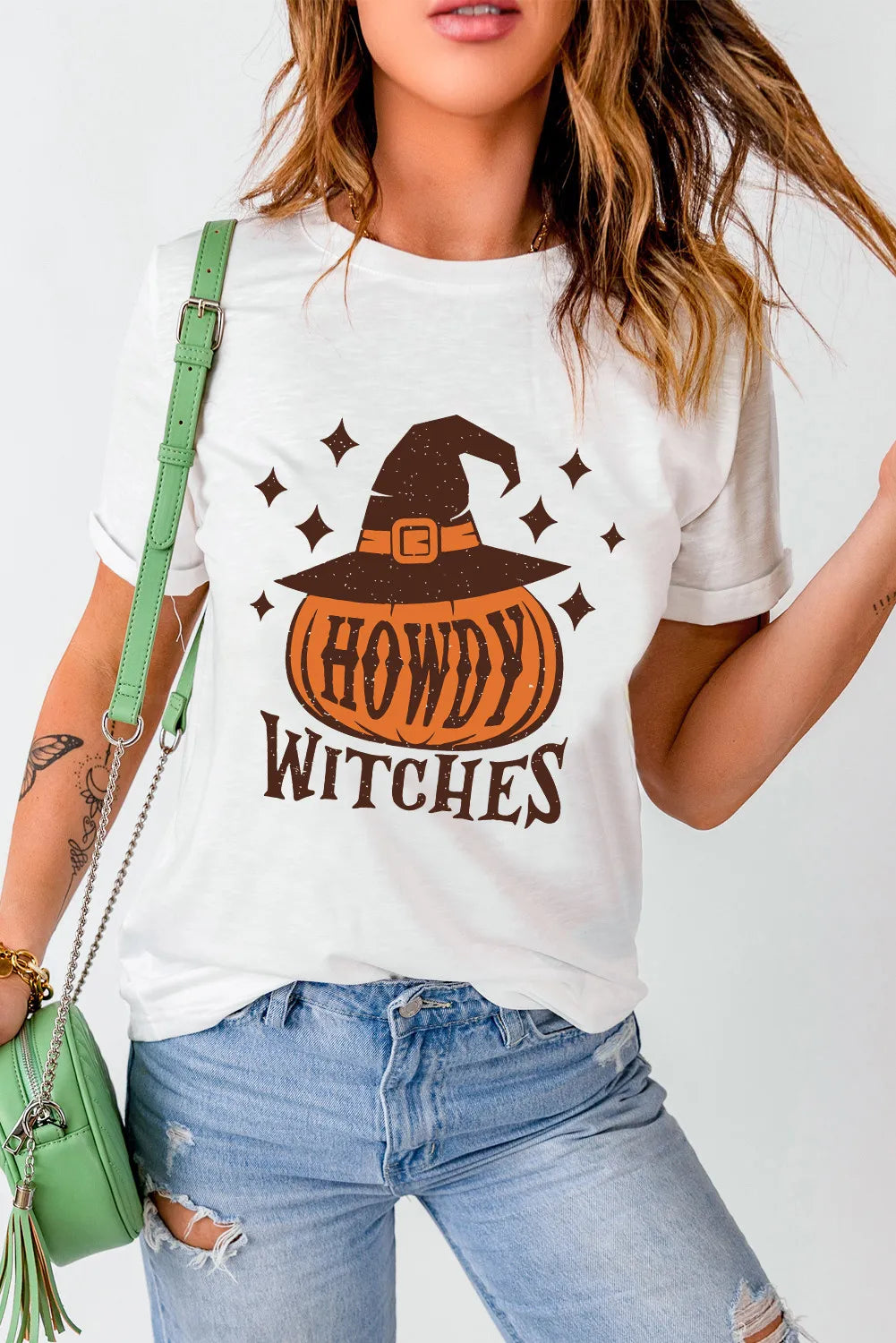 SYNZ White / S HOWDY WITCHES Round Neck Short Sleeve T-Shirt
