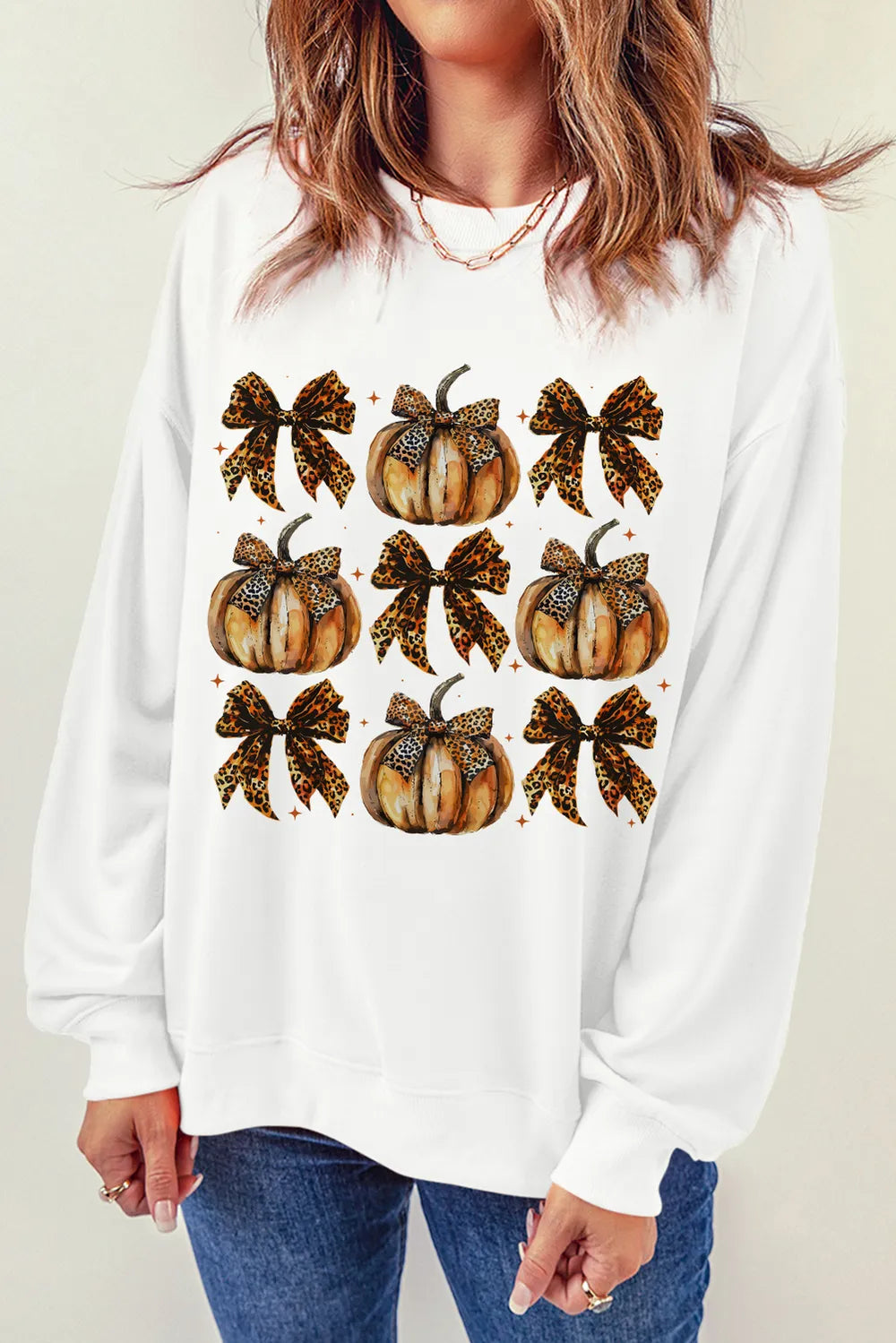 SYNZ White / S Pumpkin & Bow Graphic Long Sleeve Sweatshirt