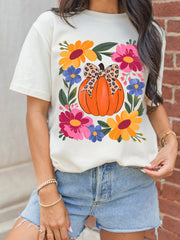 SYNZ White / S Pumpkin Floral Graphic Round Neck T-Shirt