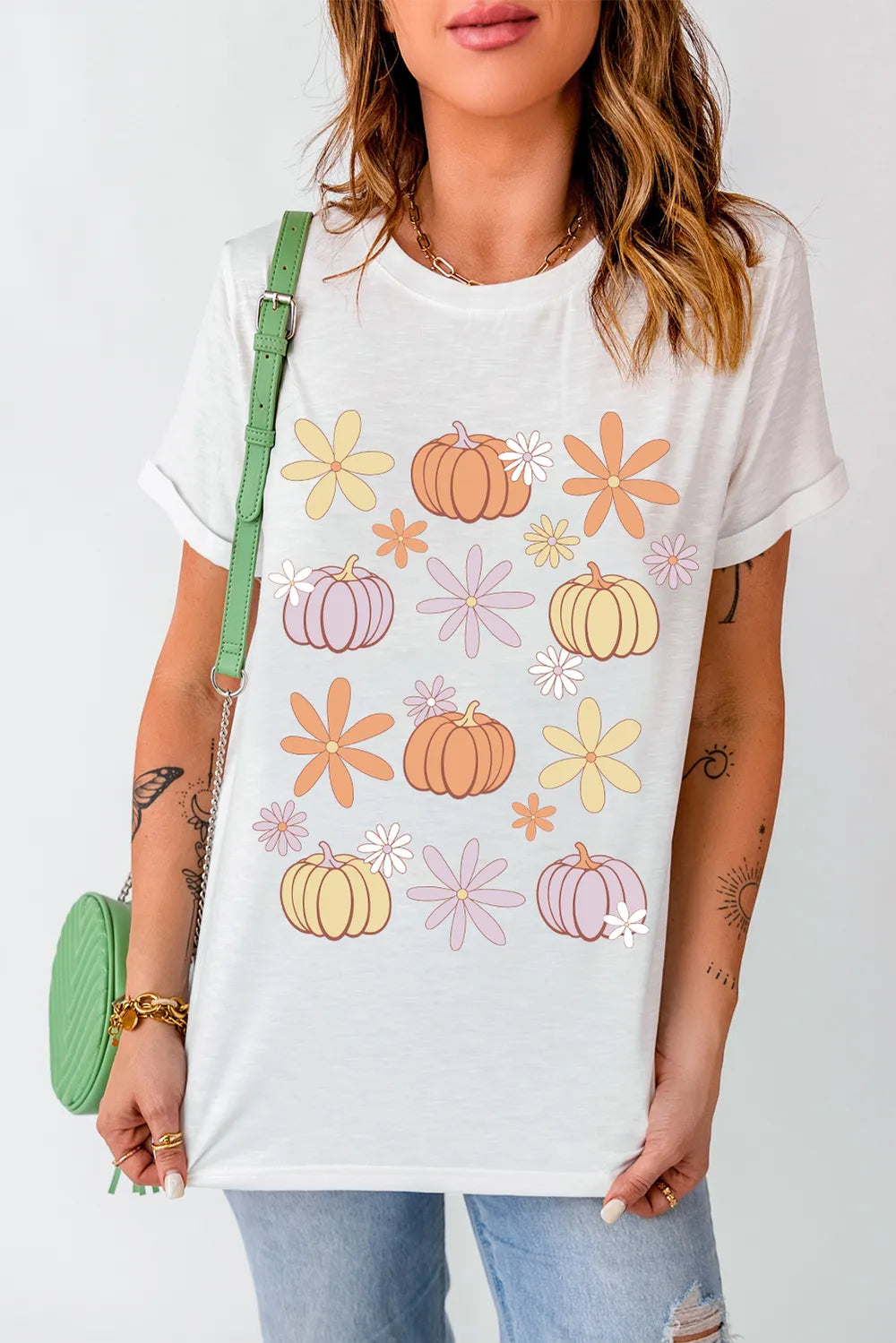 SYNZ White / S Pumpkin & Flower Round Neck Short Sleeve T-Shirt