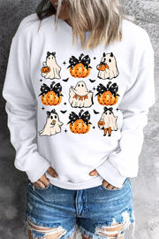 SYNZ White / S Pumpkin & Ghost Round Neck Long Sleeve Sweatshirt