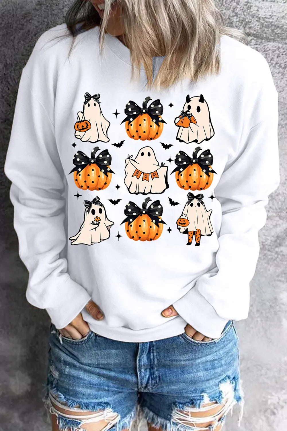 SYNZ White / S Pumpkin & Ghost Round Neck Long Sleeve Sweatshirt