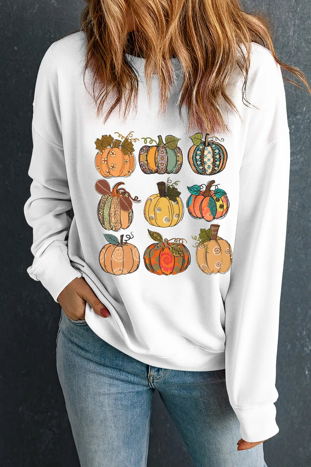 SYNZ White / S Pumpkin Graphic Long Sleeve Sweatshirt