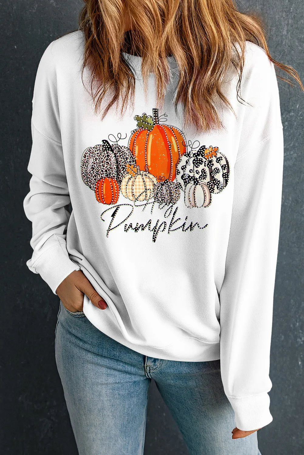 SYNZ White / S Pumpkin Graphic Round Neck Dropped Shoulder Sweatshirt