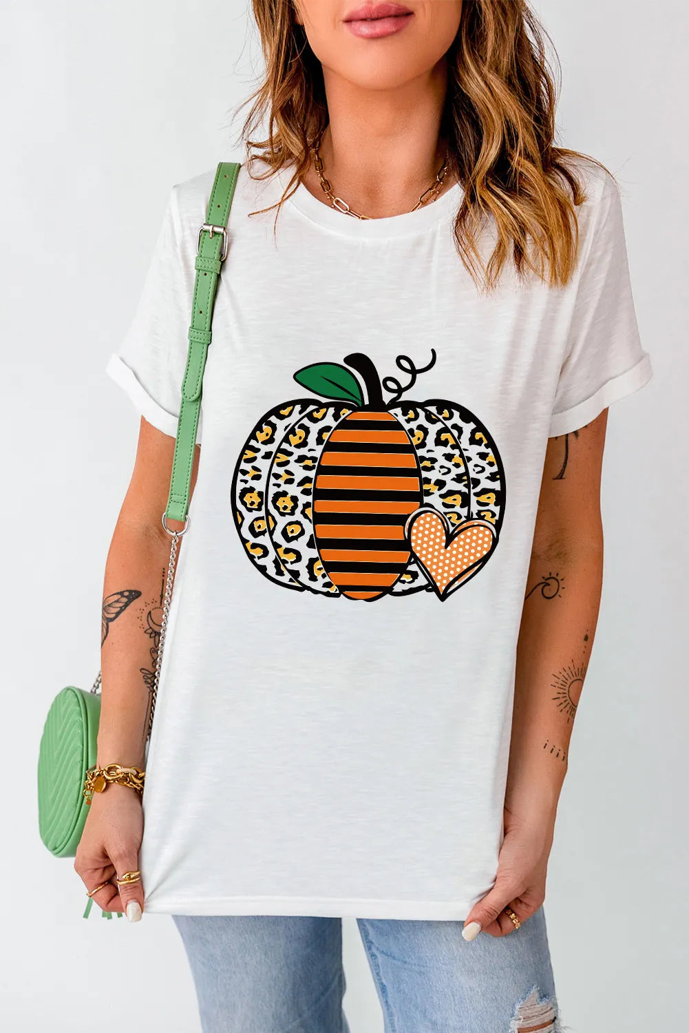 SYNZ White / S Pumpkin Graphic Round Neck Short Sleeve T-Shirt