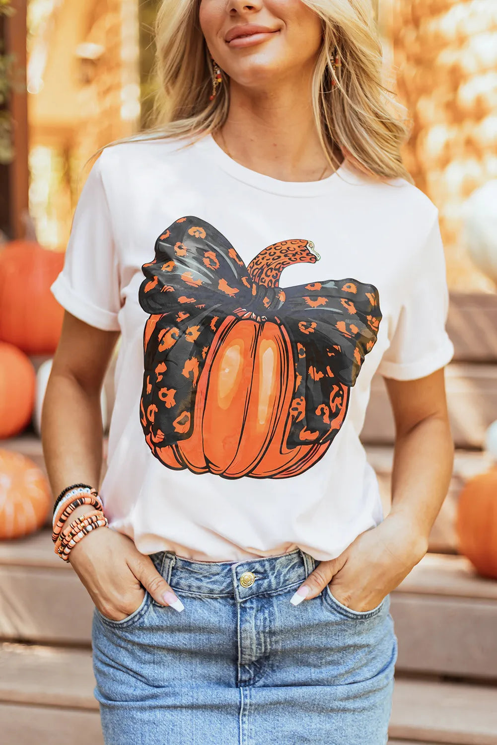 SYNZ White / S Pumpkin Round Neck Short Sleeve T-Shirt